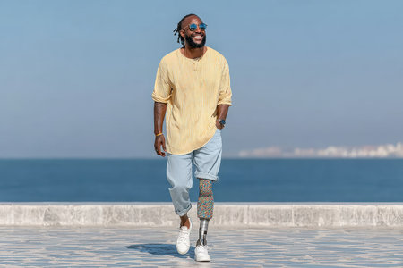 Smiling African American man is walking along a seaside promenade, wearing casual summer attire, enjoying the sunny weather and ocean view.の素材