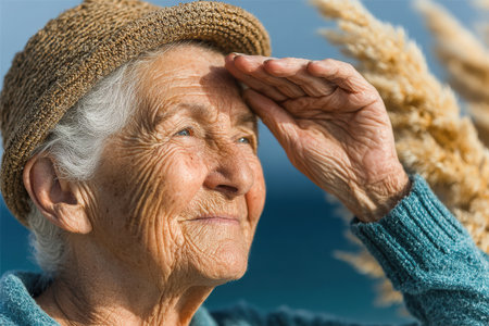 Elderly woman is smiling and saluting with her hand, enjoying a sunny day outdoors, surrounded by soft natural elements and vibrant colors.の素材