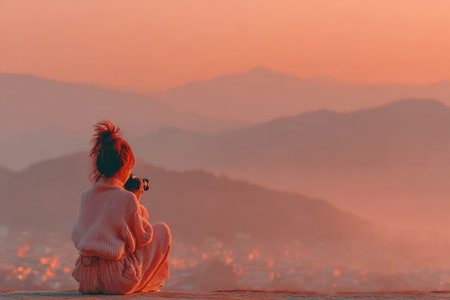 Woman is photographing a stunning sunset landscape, surrounded by mountains, creating a peaceful and reflective atmosphere.の素材