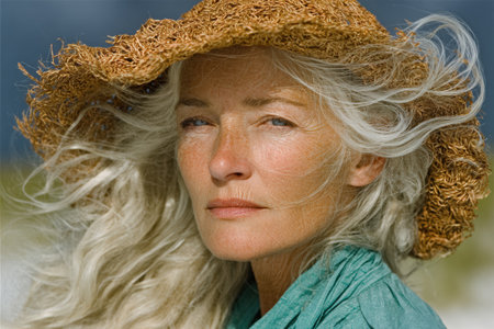 Mature woman with silver hair is wearing a straw hat, standing outdoors with wind blowing, showing natural beauty and serene expression.の素材
