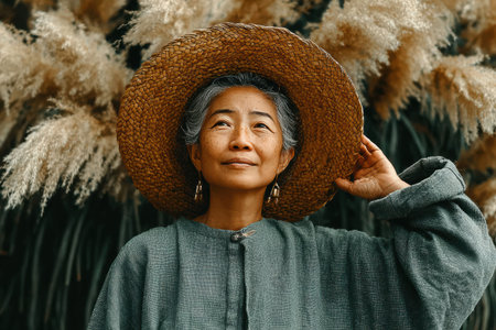 Elderly woman with straw hat, stands in a natural setting surrounded by soft plants, showing a serene and thoughtful expression.の素材