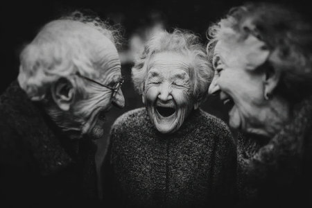 Elderly individuals are sharing joyful laughter in a black and white portrait, capturing the essence of happiness and connection among friends.の素材