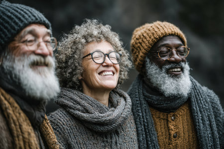 Group of joyful elderly individuals, dressed in warm winter clothing, enjoying each other's company outdoors, showing happiness and connection.の素材