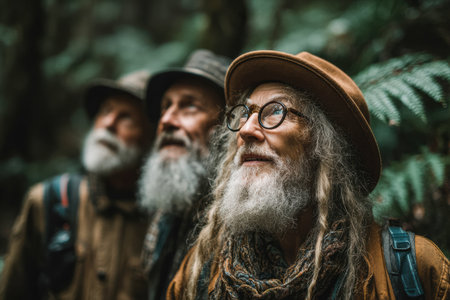 Group of elderly men with beards and hats, gazing upwards in a lush forest, surrounded by greenery and natural beauty, showcasing adventure and camaraderie.の素材