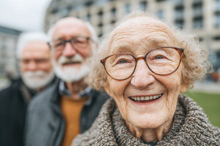 Elderly woman with glasses is smiling joyfully with friends in a park, showcasing warmth and companionship in a vibrant outdoor setting.の素材