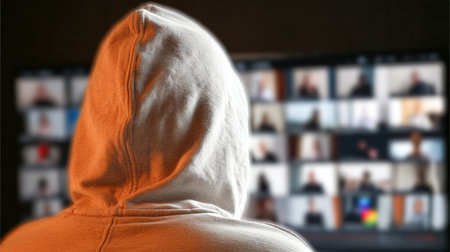 Individual wearing a hoodie is engaged in a virtual meeting, with numerous participant screens visible, creating a collaborative atmosphere.の素材