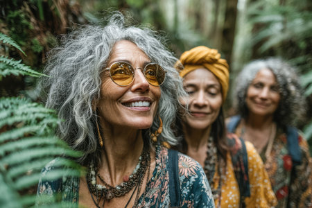 Smiling women with gray hair are exploring a lush forest, surrounded by greenery and vibrant foliage, showcasing friendship and adventure.の素材