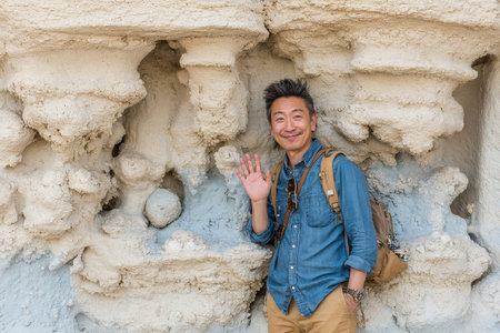 Smiling man stands against a textured rock wall, showcasing a casual outdoor vibe with a backpack and friendly demeanor.の素材