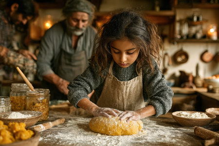 Young girl is kneading dough on a wooden table in a rustic kitchen, surrounded by family members engaged in cooking activities.の素材