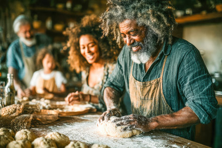 Joyful family is baking together in a rustic kitchen, kneading dough and preparing fresh bread, surrounded by warm, inviting atmosphere.の素材