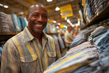 Smiling african american man is shopping for clothes in a retail store aisle, surrounded by neatly stacked shirts and vibrant colors.の素材