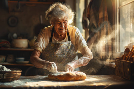 Elderly woman is baking bread in a cozy kitchen, with sunlight illuminating the scene and flour dust creating a warm atmosphere.の素材