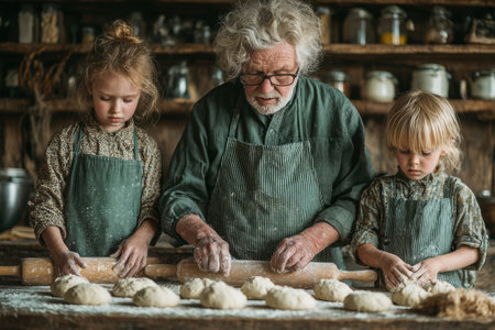 Elderly man is guiding children in baking bread, surrounded by flour and ingredients, creating a warm and inviting kitchen atmosphere.の素材