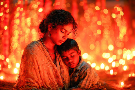. A mother is embracing her son, surrounded by warm glowing lights, creating a festive atmosphere of love and connectionの素材