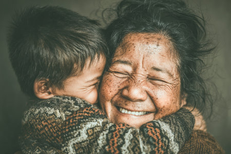 . Joyful grandmother is embracing a young boy, both sharing warm smiles and affection, showcasing a loving family bond and happinessの素材