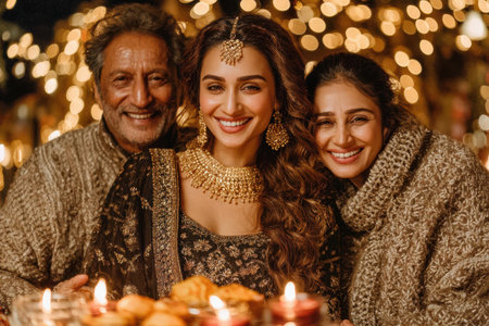 . Family members are gathered together, smiling and enjoying a festive atmosphere, surrounded by warm lights and delicious treatsの素材