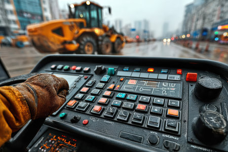Operator is controlling heavy machinery in an urban construction site, showing the complexity of machinery and construction work.の素材