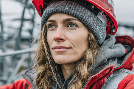 Female construction worker, wearing a hard hat and safety gear, stands confidently in an outdoor construction site, showcasing determination and focus.の素材