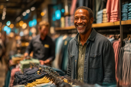 Smiling man in casual attire stands in a modern clothing store, surrounded by neatly arranged garments and a vibrant shopping atmosphere.の素材