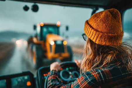 Young woman is driving a tractor through a rainy landscape, with blurred vehicles in the background, showcasing determination and focus.の素材