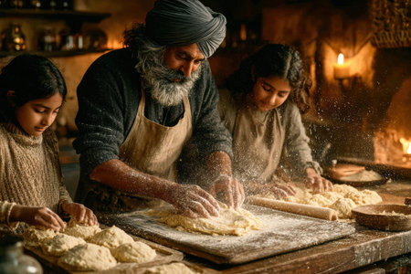 Family members are baking bread together in a rustic kitchen, surrounded by flour, warmth, and a cozy atmosphere, showcasing culinary traditions.の素材