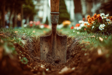 Shovel is positioned in freshly dug soil, surrounded by vibrant flowers, showing casing gardening work and nature's beauty.の素材