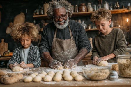 Grandfather is teaching two children how to bake bread in a cozy kitchen, surrounded by ingredients and baking tools, creating a warm atmosphere.の素材