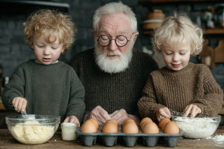Grandfather is baking with two young children in a warm kitchen, surrounded by ingredients and cooking utensils, creating joyful memories together.の素材