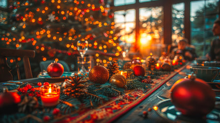 Christmas dining table adorned with colorful ornaments, candles, and a glowing tree in the background, creating a warm festive atmosphere.の素材