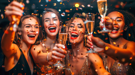 Happy women raise champagne glasses in celebration, surrounded by colorful confetti and festive ambiance.の素材