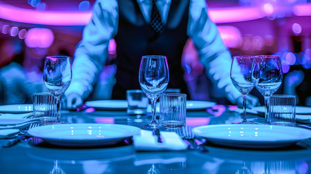 Dining table elegantly arranged with glassware and plates, surrounded by colorful lighting and a lively ambiance.の素材