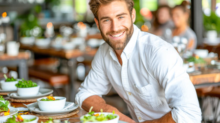 Happy male diner is seated at a table filled with fresh salads, surrounded by a lively restaurant atmosphere.の素材
