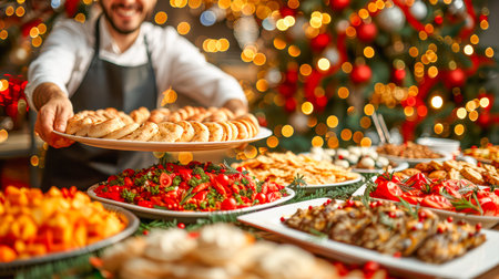 Culinary expert showcases a vibrant array of festive dishes and cookies at a joyful holiday gathering.の素材