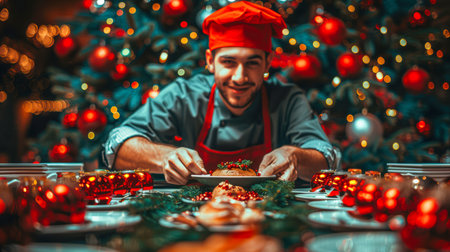 Male chef in red hat presents delicious holiday meal at festive table, surrounded by decorations and warm ambiance.の素材