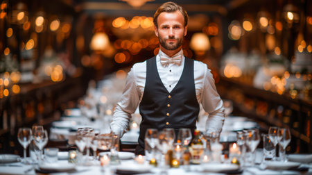 Professional male waiter in formal attire stands in a beautifully arranged restaurant, showcasing a warm and inviting atmosphere.の素材