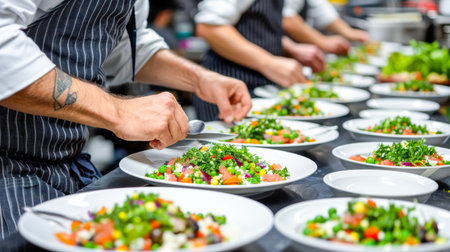 Culinary expert is artfully arranging colorful salads on white plates in a bustling kitchen environment filled with fresh ingredients.の素材