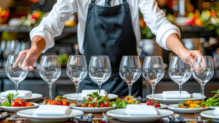 Professional waiter is carefully positioning wine glasses on a dining table adorned with fresh vegetables and garnishes, showcasing culinary elegance.の素材