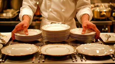 Culinary expert is organizing elegant plates in a bustling kitchen, showing attention to detail and culinary artistry.の素材