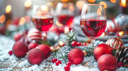 Elegant holiday table arrangement featuring red wine glasses, shiny ornaments, and snow-like decor creating a warm festive atmosphere.の素材