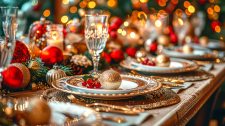 A beautifully arranged dining table adorned with festive decorations, elegant tableware, and shimmering ornaments creating a warm atmosphere.の素材