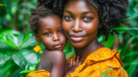 Woman embraces child in colorful attire, set against a backdrop of rich green plants, showcasing love and connection.の素材