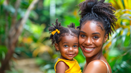 Smiling African American woman embraces joyful toddler in a lush tropical garden filled with vibrant greenery and natural beauty.の素材