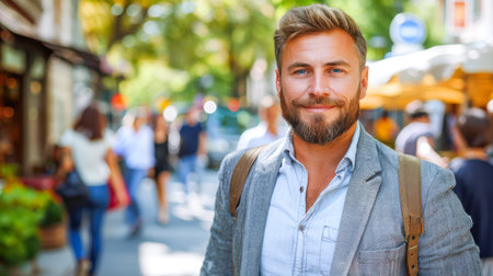 Smiling man with beard stands confidently in a lively urban street, surrounded by people and greenery, showcasing a cheerful atmosphere.の素材