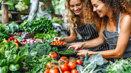Women are joyfully picking fresh vegetables in a lively market, surrounded by colorful produce and greenery.の素材