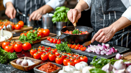 Chefs are skillfully chopping vegetables and herbs, with vibrant ingredients arranged on a wooden table, creating a culinary masterpiece.の素材