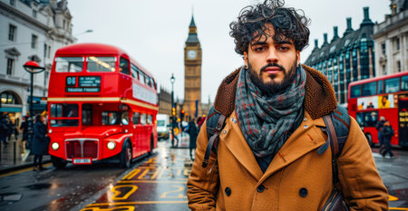 Male with curly hair stands confidently in urban setting, featuring red double-decker bus and historic architecture around him.の素材
