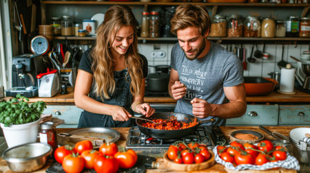Engaged couple is cooking in a warm kitchen, surrounded by fresh tomatoes and kitchenware, creating a joyful atmosphere.の素材