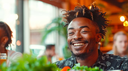 African American man is smiling while enjoying a meal in a lively restaurant filled with plants and warm lighting, creating a joyful atmosphere.の素材
