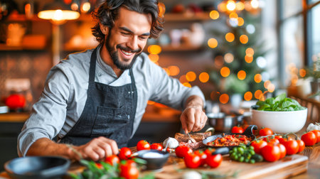 Chef is skillfully preparing a meal with fresh vegetables and herbs in a warm kitchen setting, showing casing culinary expertise.の素材