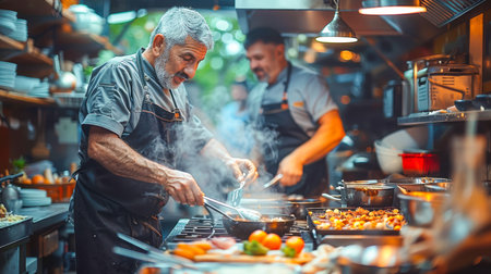 Skilled culinary expert is cooking gourmet meals in a lively kitchen, surrounded by fresh ingredients and a dynamic atmosphere.の素材